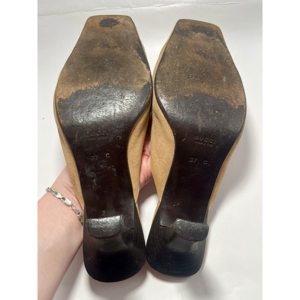 GUCCI Mules Tan Suede Kitten Heels GG Logo Slip On Vintage TOM FORD Era Sz 37 7 - Picture 16 of 16